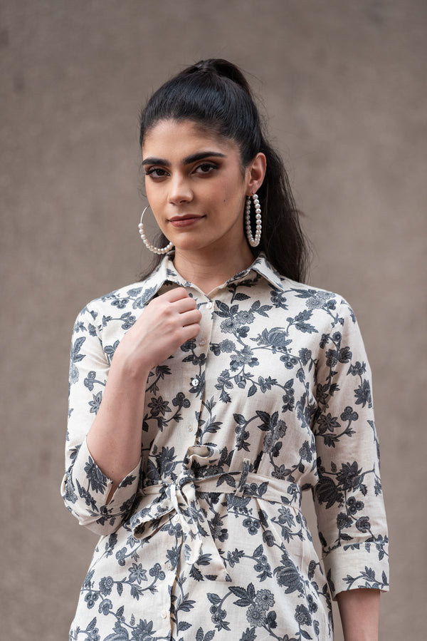 Grey with White Floral printed Cotton Co-Ord Set