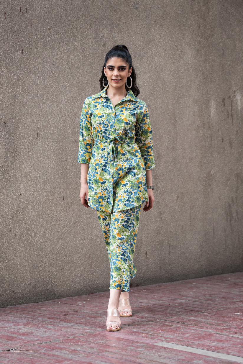 Green and Blue Floral Printed Cotton Co-Ord Set