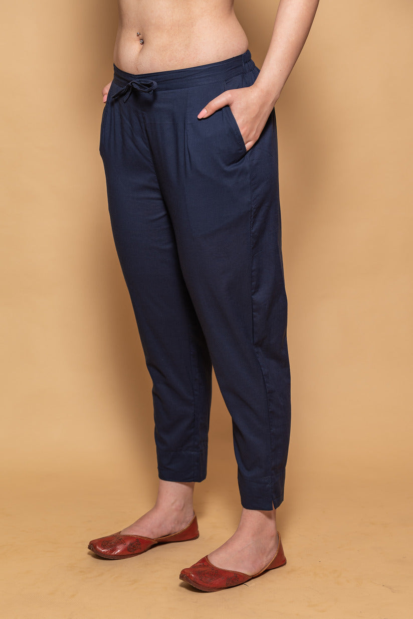 Navy Blue Cotton Straight Stretchable Pant