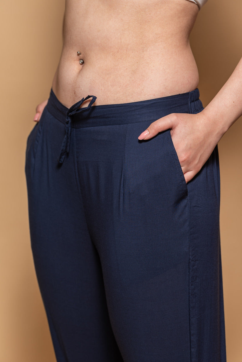 Navy Blue Cotton Straight Stretchable Pant