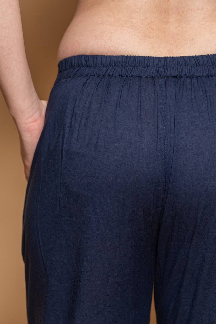 Navy Blue Cotton Straight Stretchable Pant