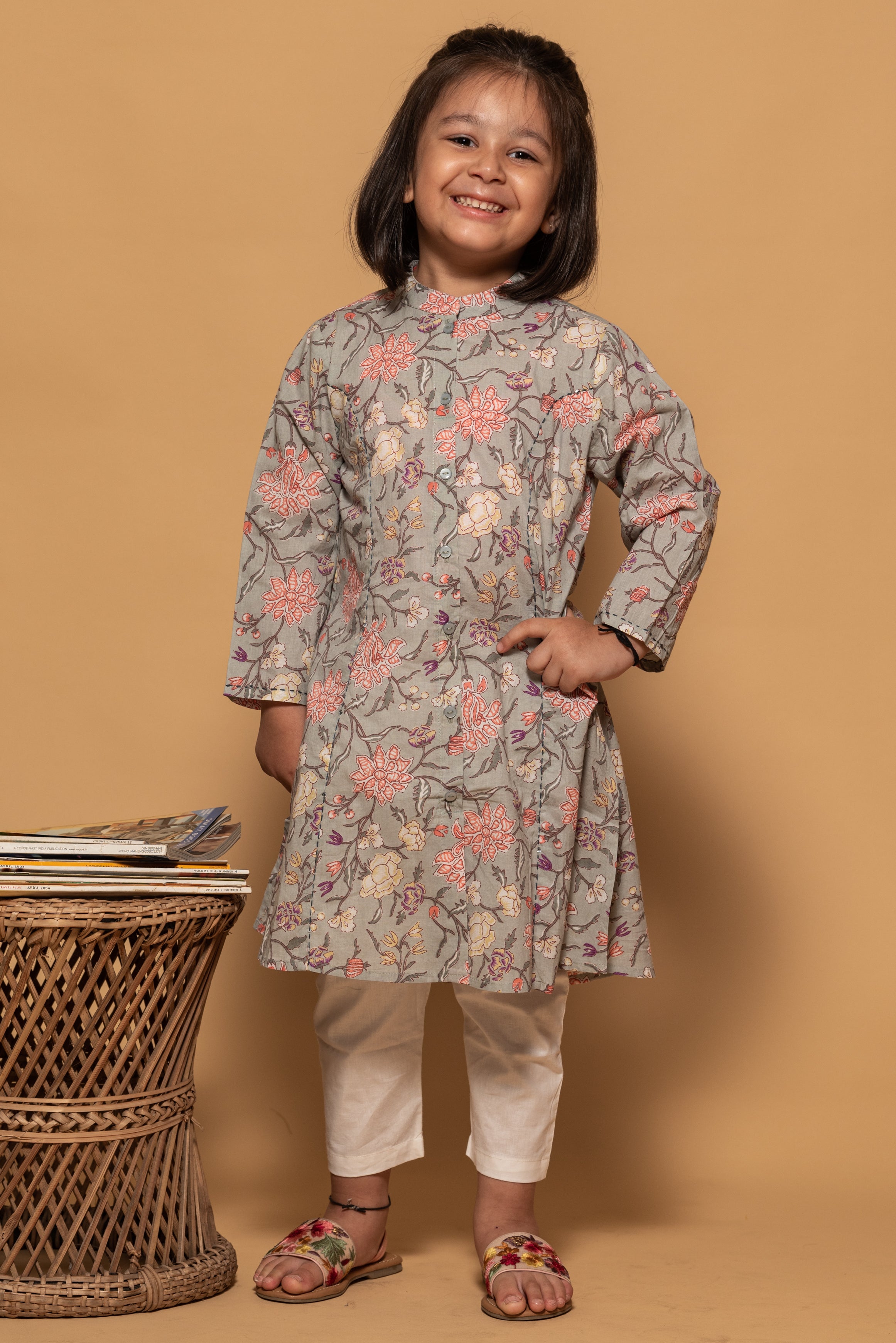 Fern Green with Pink Floral Printed Cotton Kurti