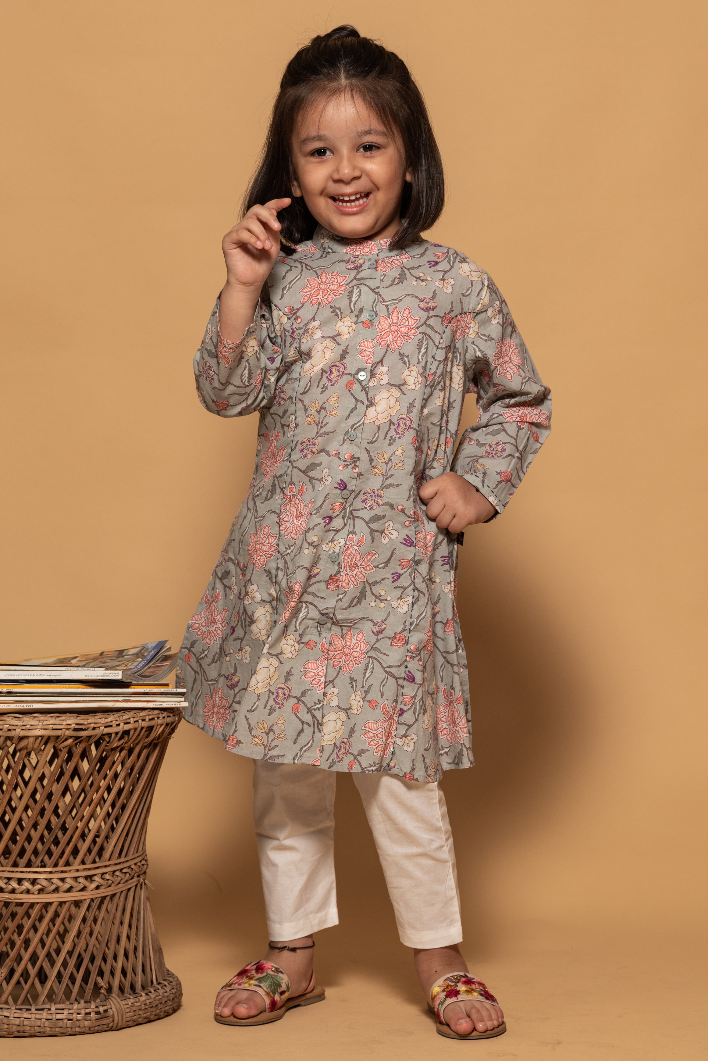 Fern Green with Pink Floral Printed Cotton Kurti