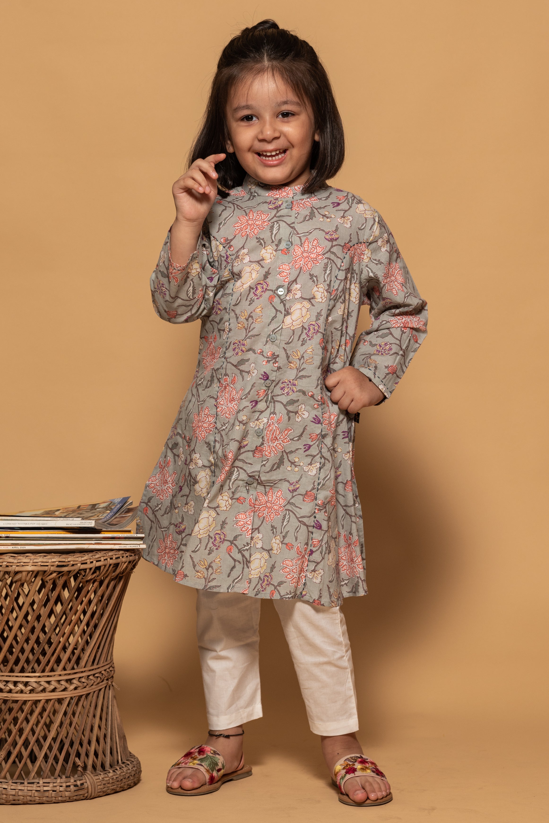 Fern Green with Pink Floral Printed Cotton Short Kurti