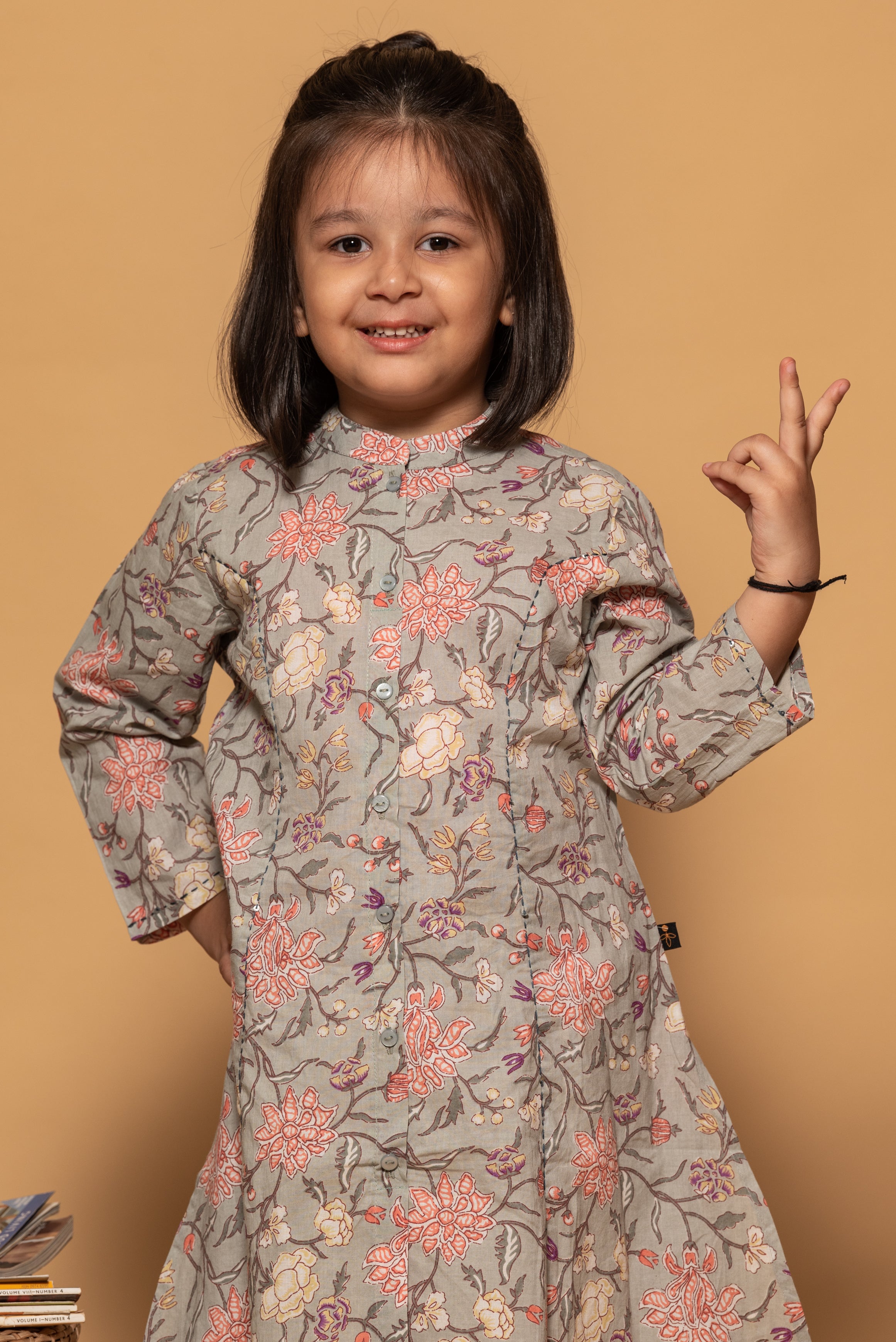 Fern Green with Pink Floral Printed Cotton Kurti