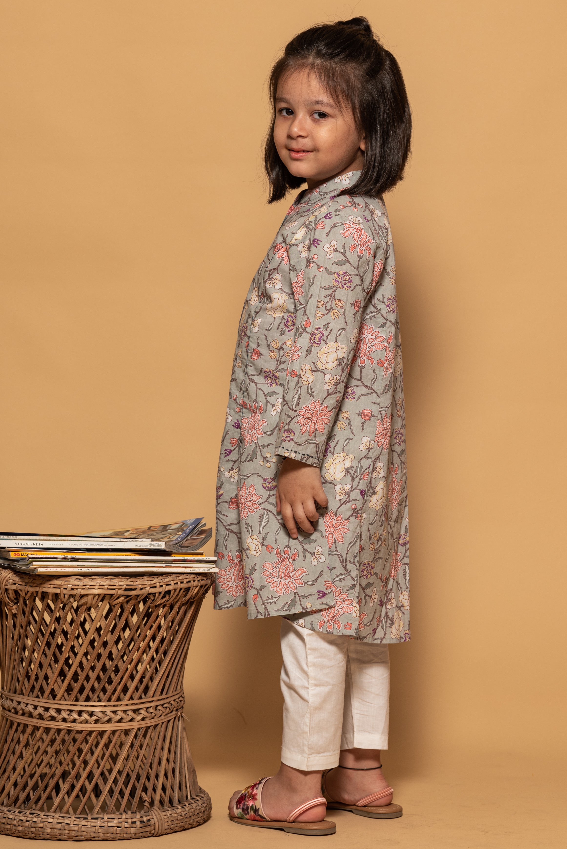 Fern Green with Pink Floral Printed Cotton Kurti