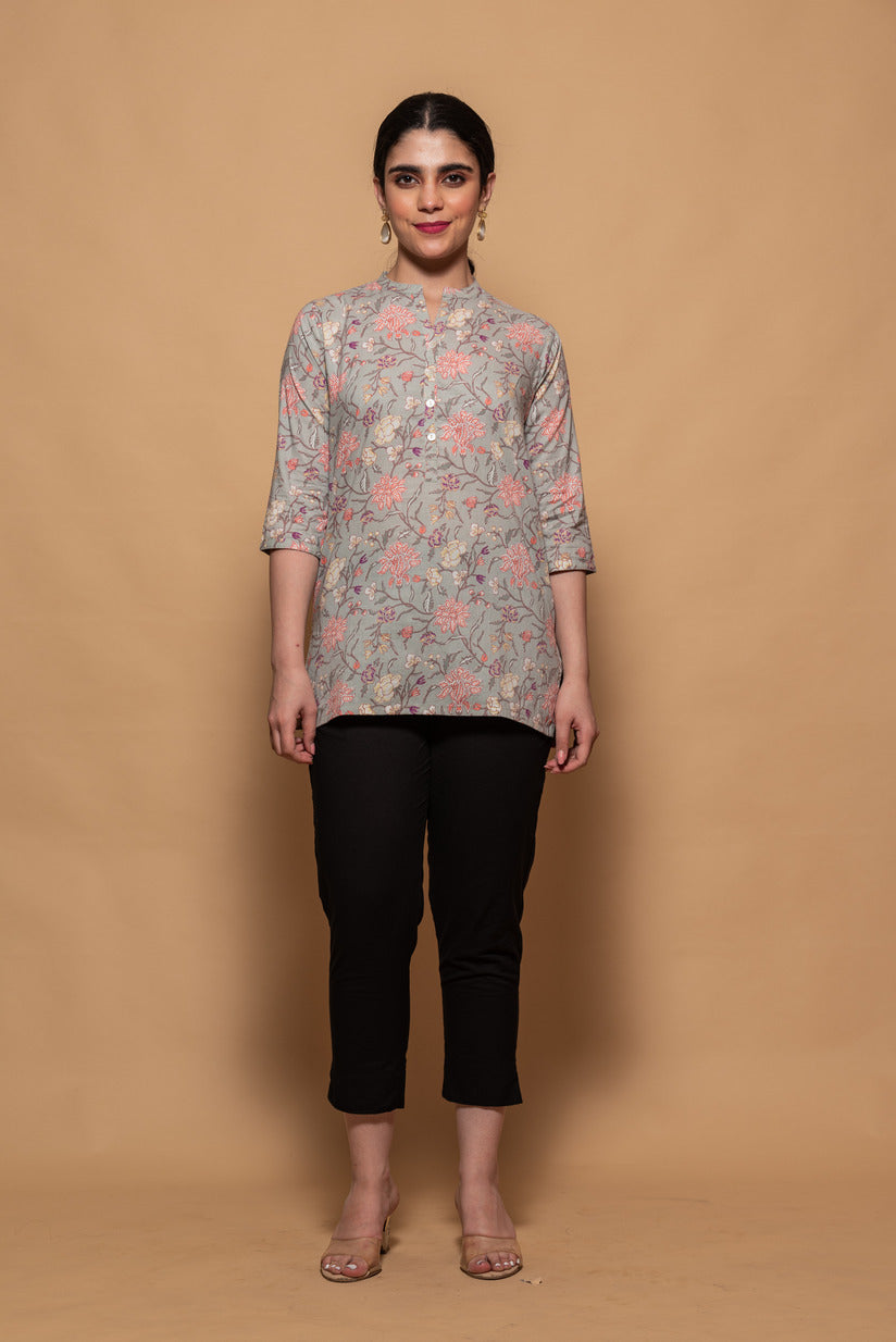 Fern Green with Pink Floral Printed Cotton Short Kurti