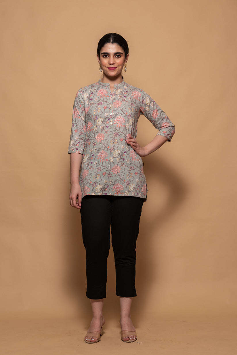 Fern Green Pink Floral Printed Short Cotton Kurti