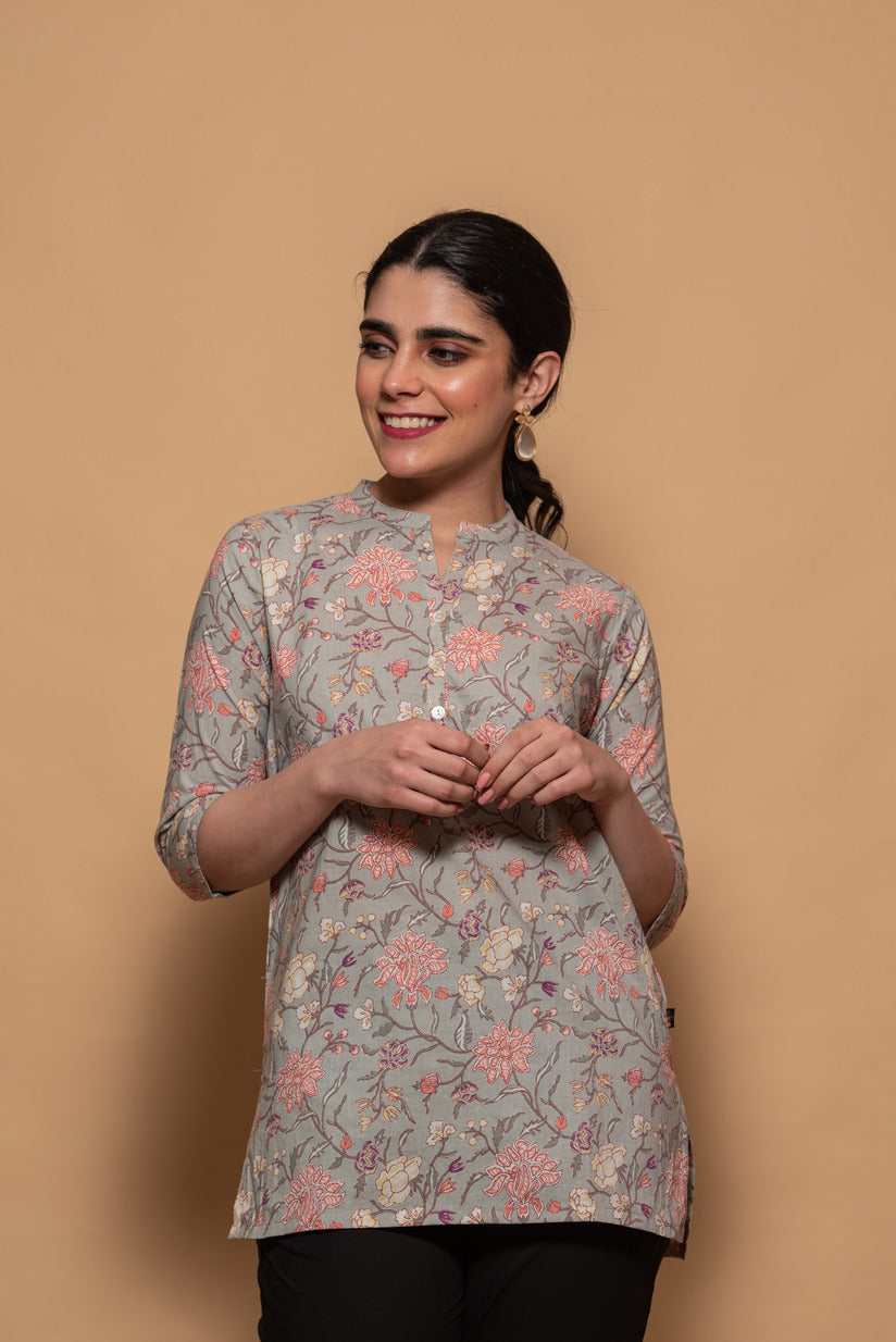Fern Green with Pink Floral Printed Cotton Short Kurti