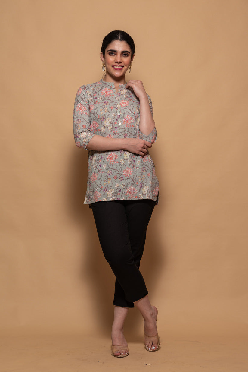 Fern Green with Pink Floral Printed Cotton Short Kurti