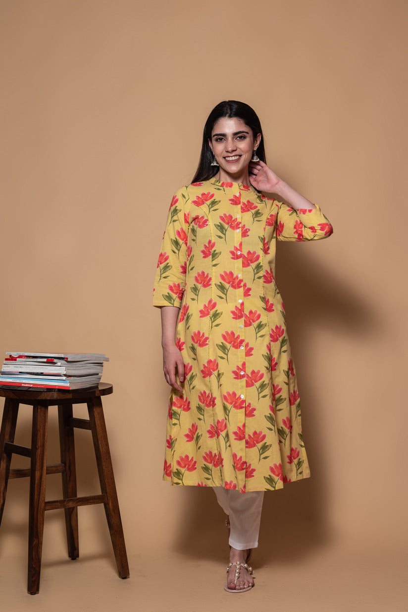 yellow printed cotton straight kurti - RIDAN - 3160573