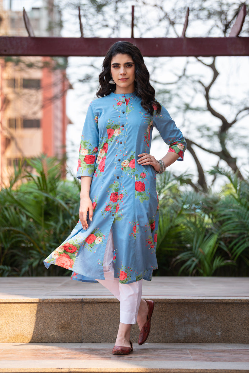 Sky Blue with Pink Floral Printed Cotton Kurta