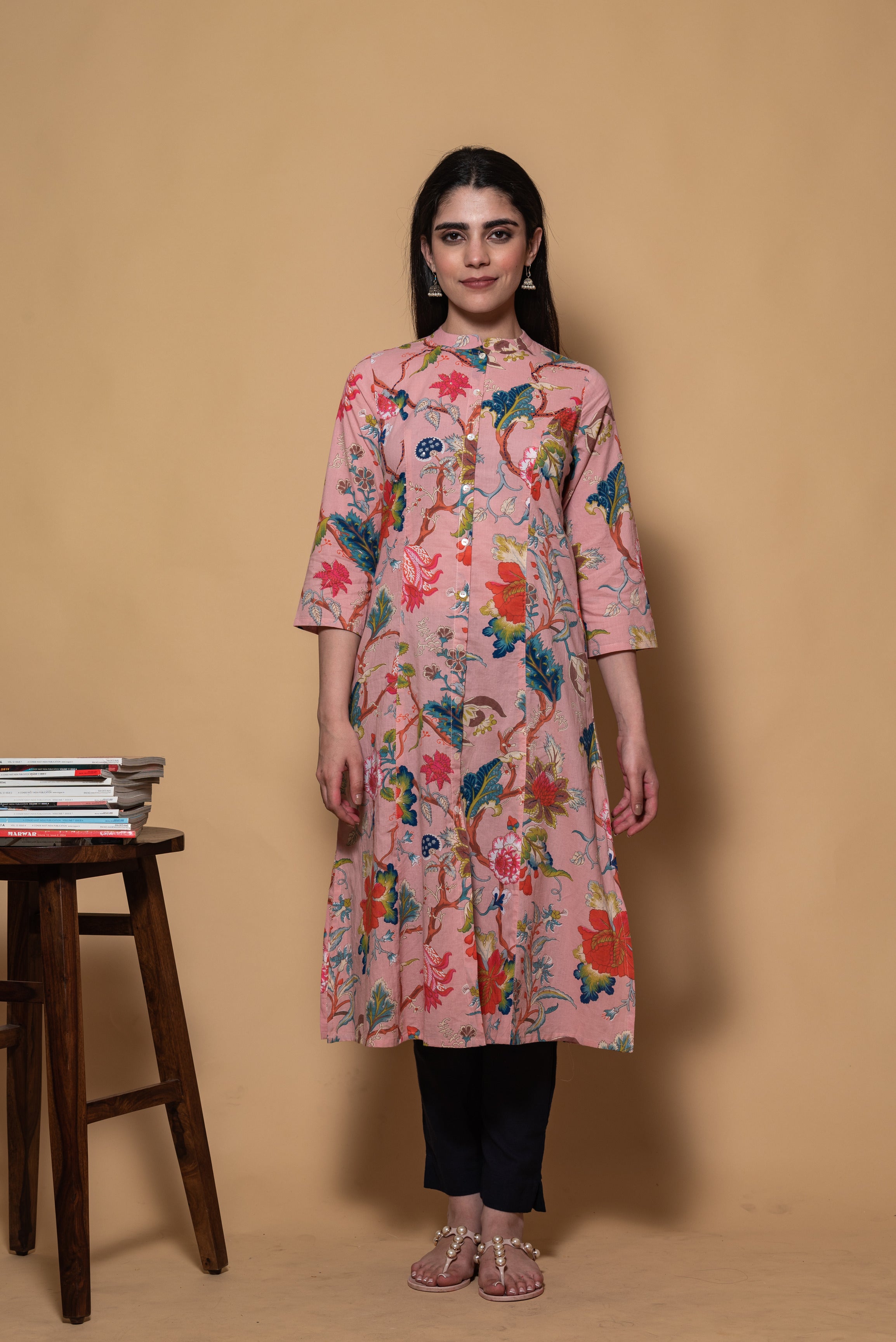 Wine floral printed embroidered cotton kurta