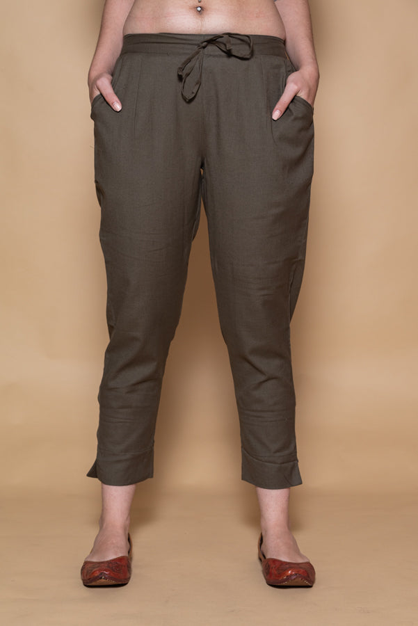Dark Olive Green Cotton Straight Pant