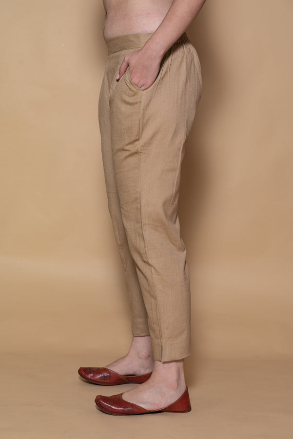 Beige Cotton Stretchable Straight Pant