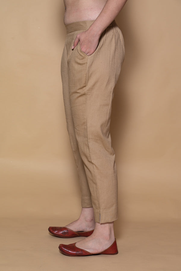 Greenish-Brown Cotton Stretchable Straight Pant