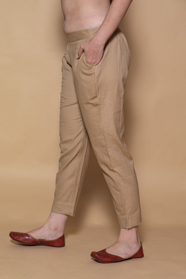 Beige Cotton Stretchable Straight Pant