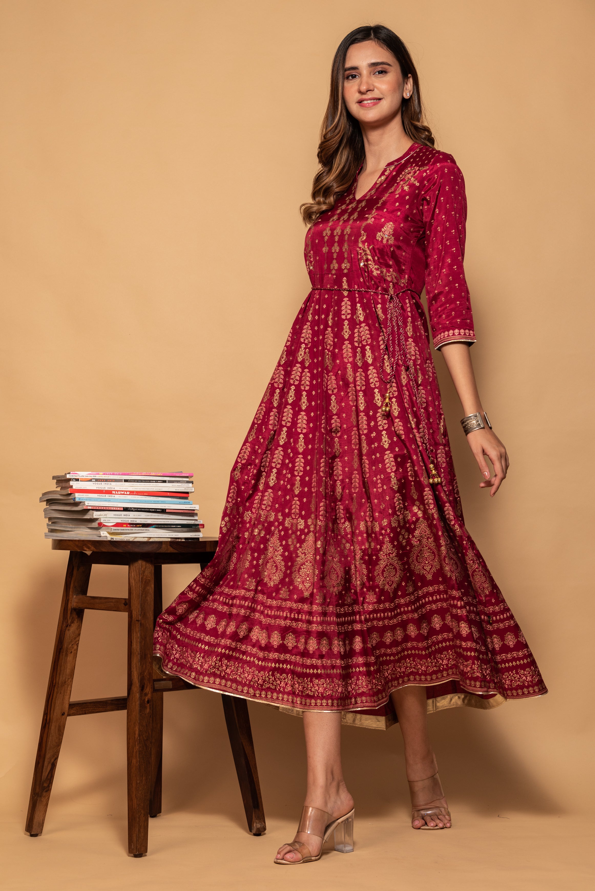 Maroon Floral with Mirror Work Printed Embellished Modal Silk Long Dress