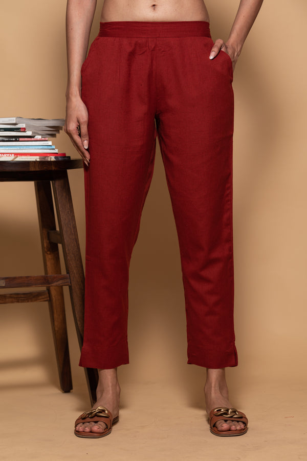 Maroon Cotton Straight Stretchable Pant