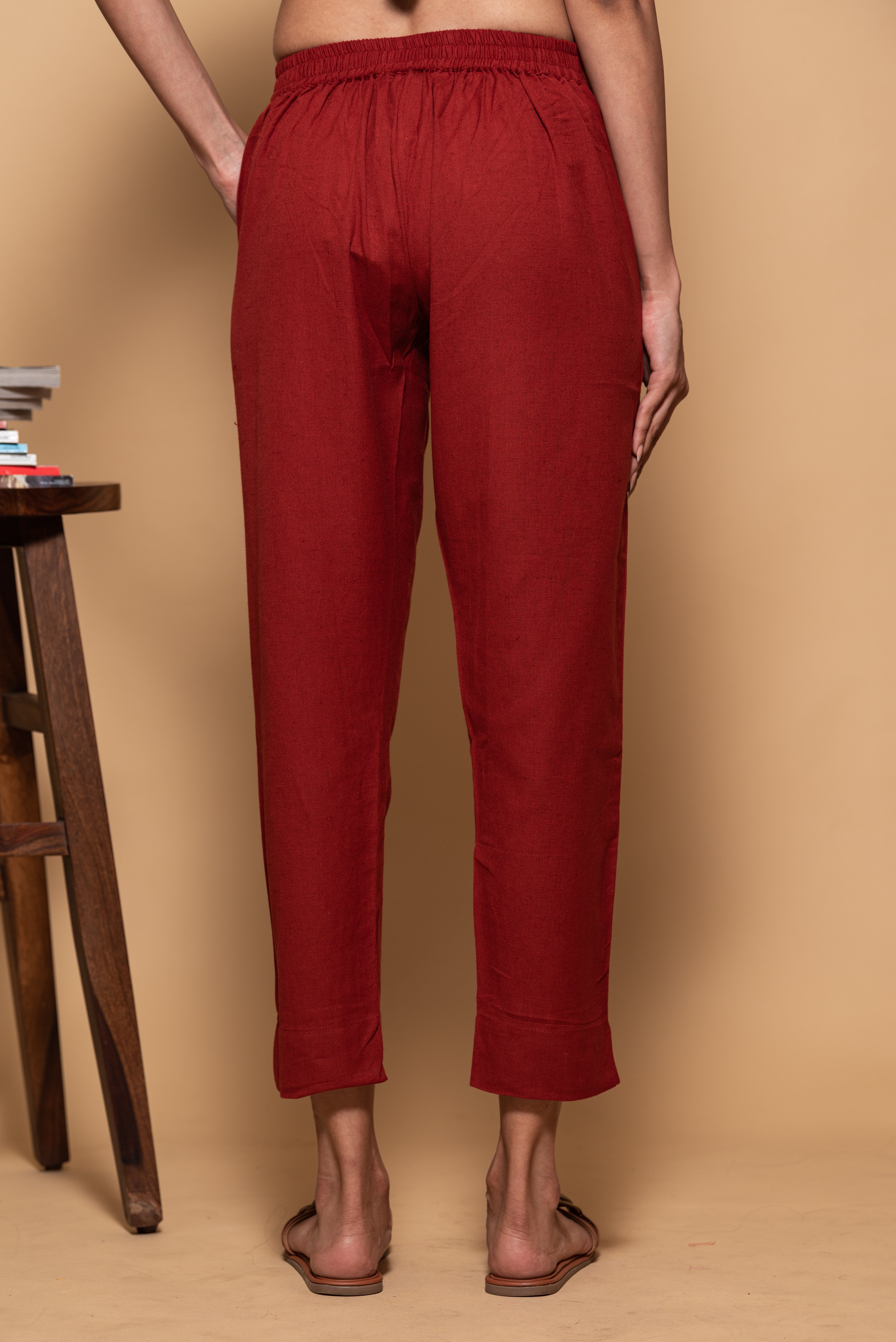 Maroon Cotton Straight Stretchable Pant