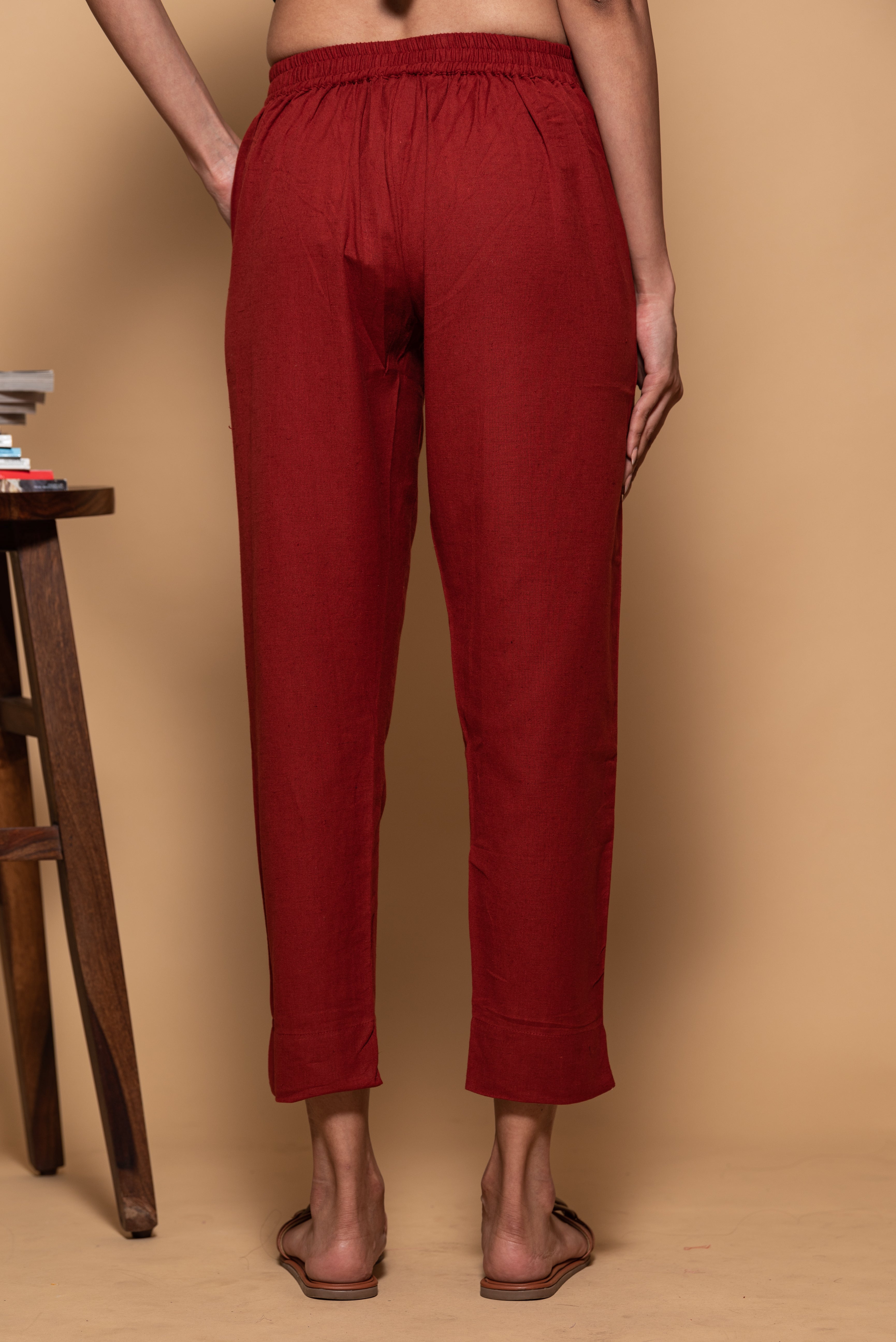 Maroon Cotton Straight Stretchable Pant