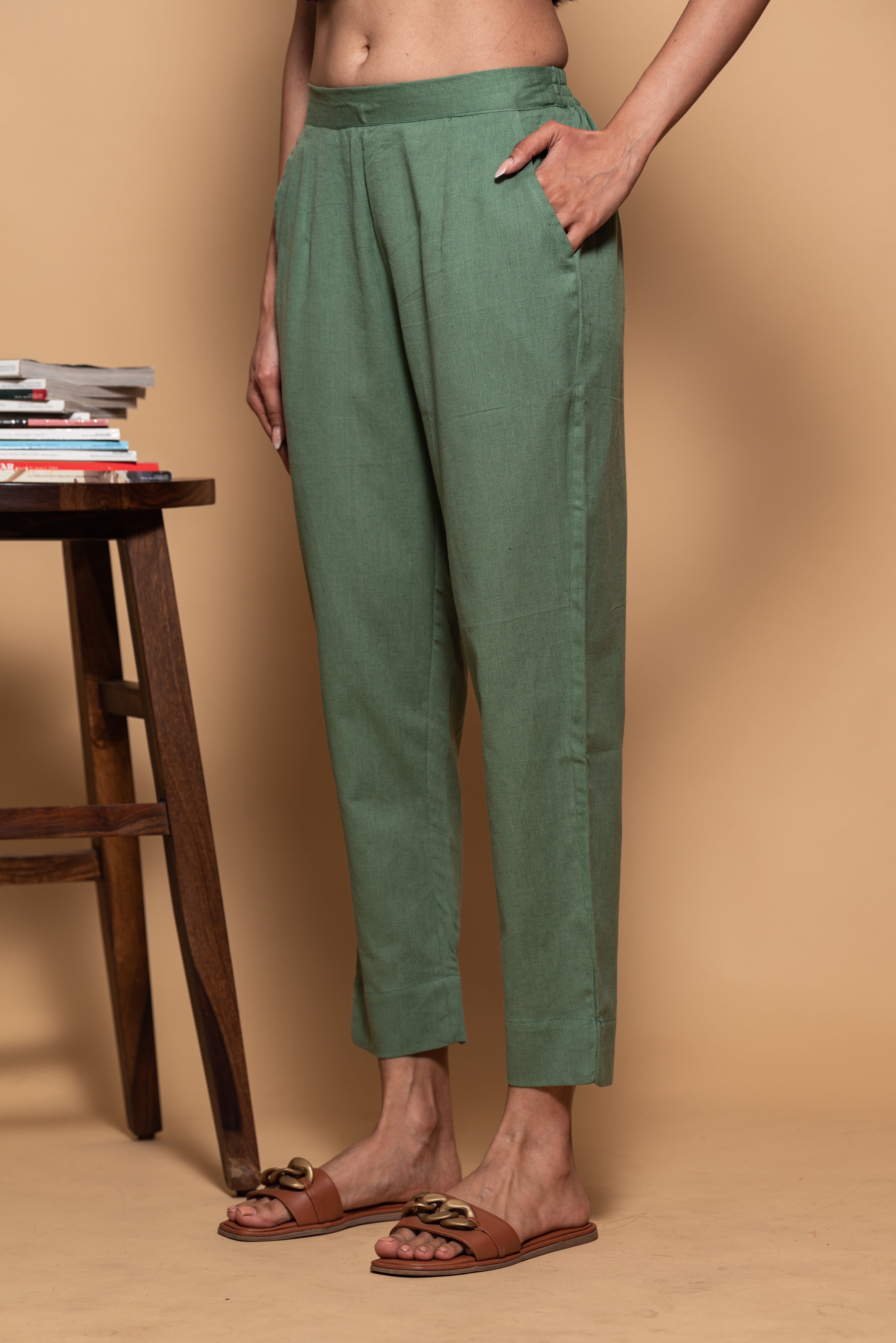 Mahendi Green Cotton Straight Pant