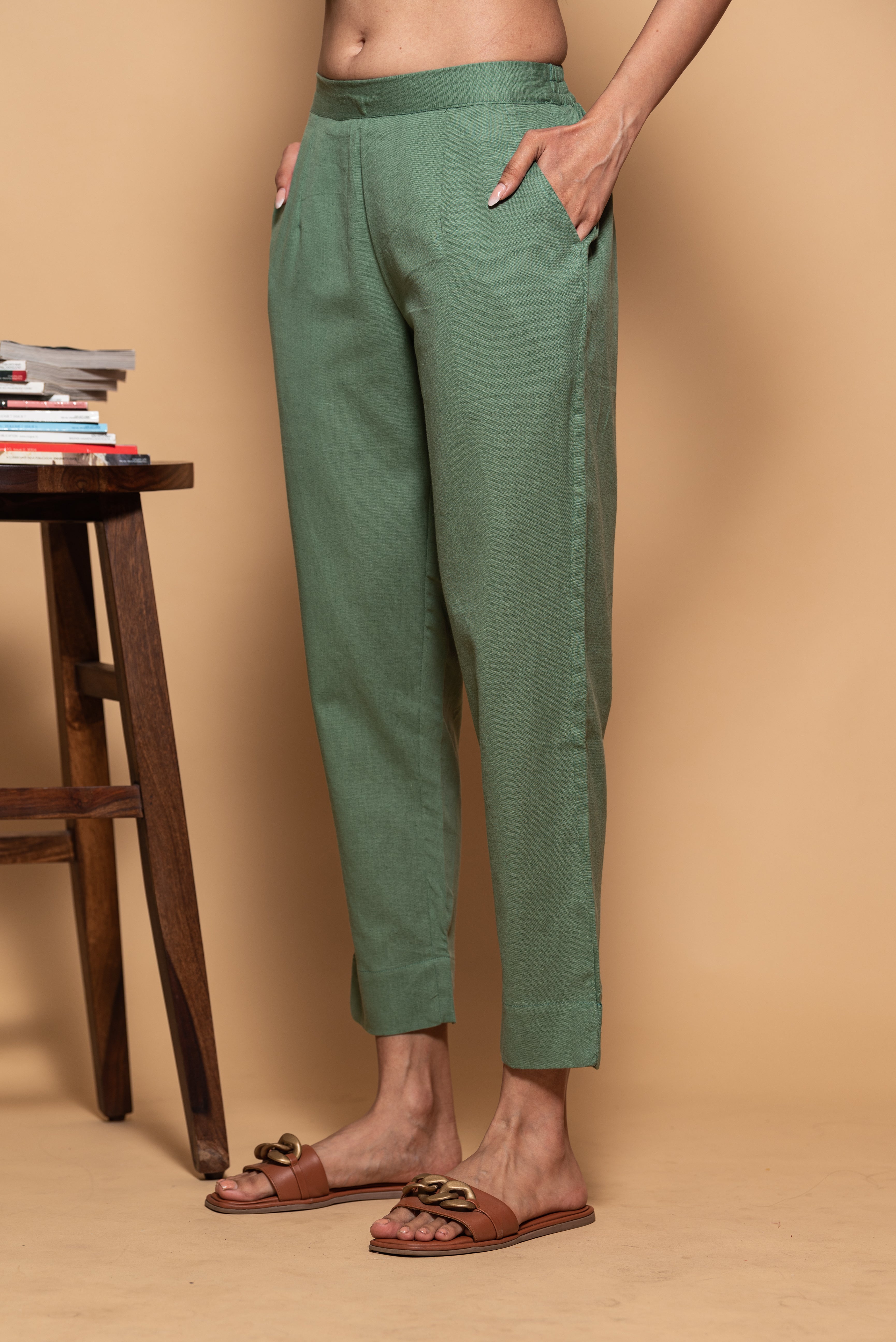 Mahendi Green Cotton Straight Pant