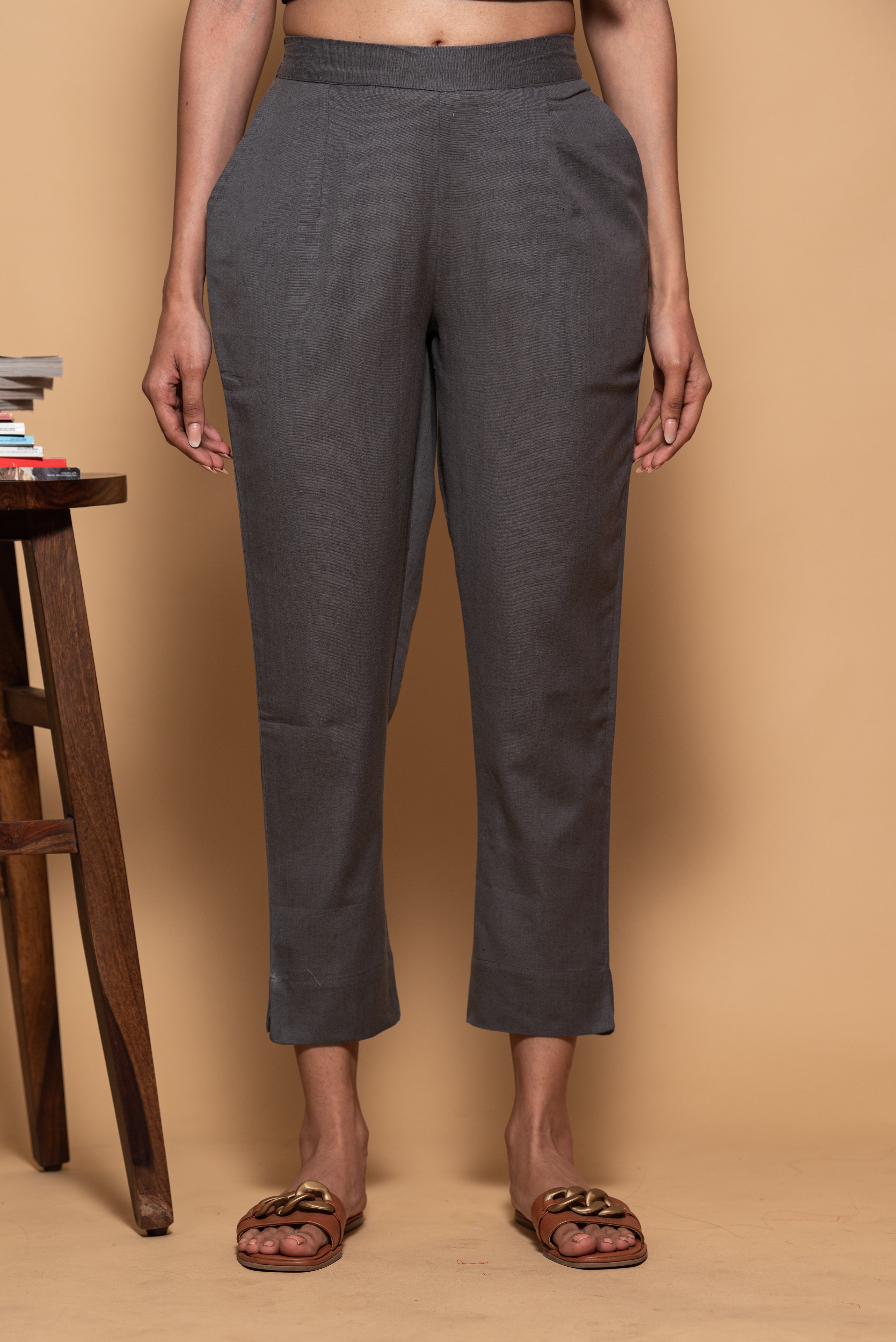 Dark Grey Cotton Straight Stretchable Pant