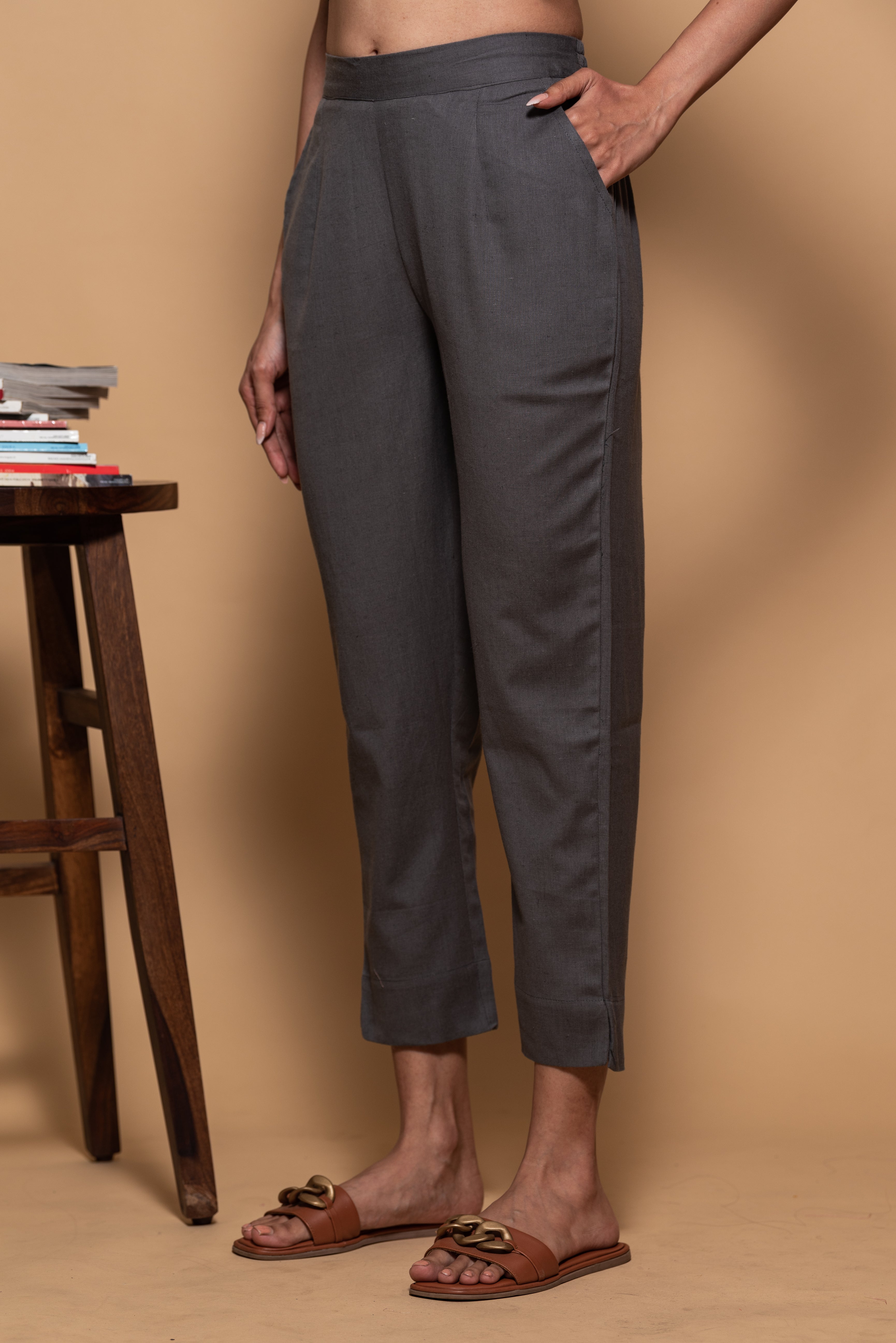 Dark Grey Cotton Straight Stretchable Pant