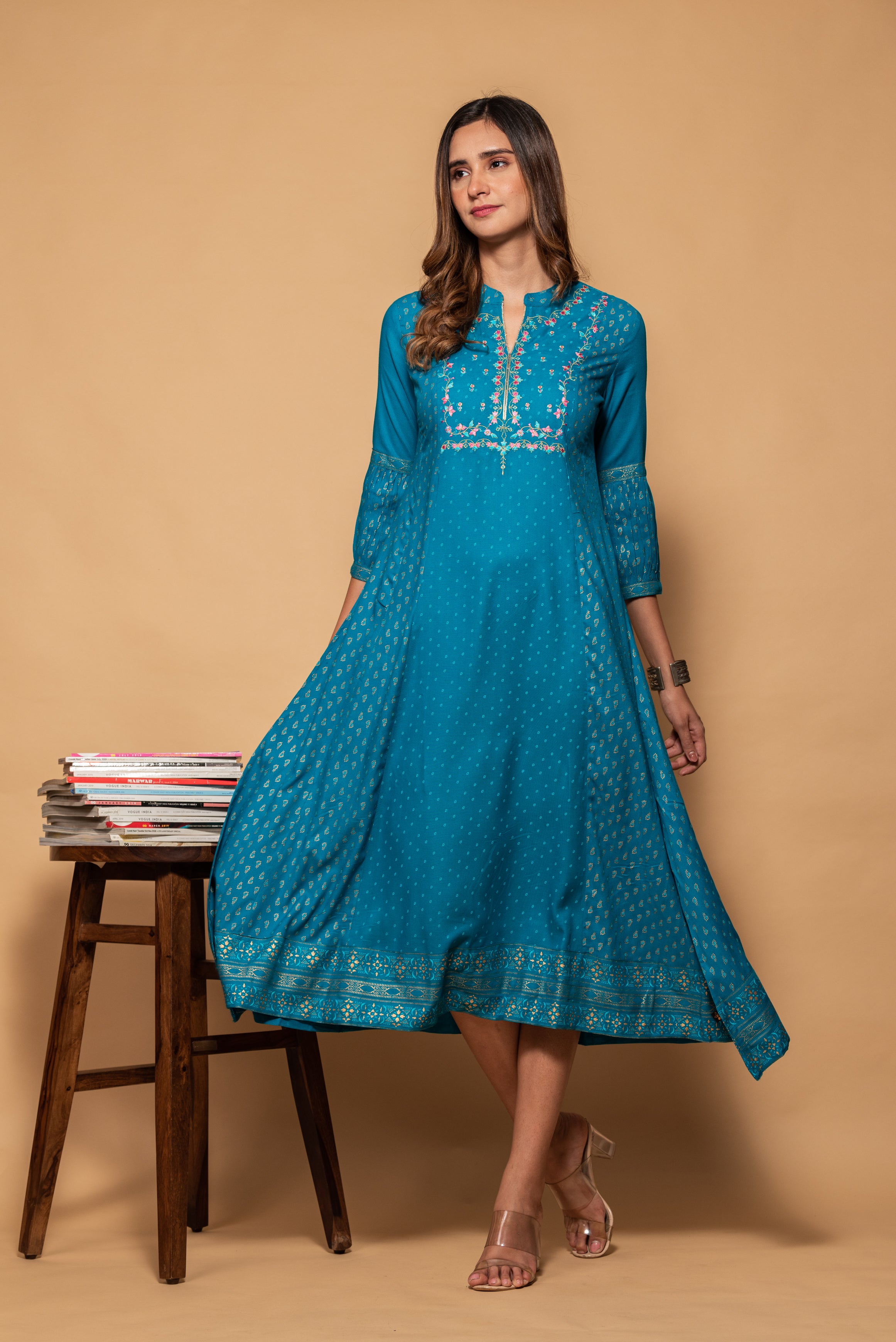 Turquoise Blue with Pink Floral Printed Modal Silk Long Dress