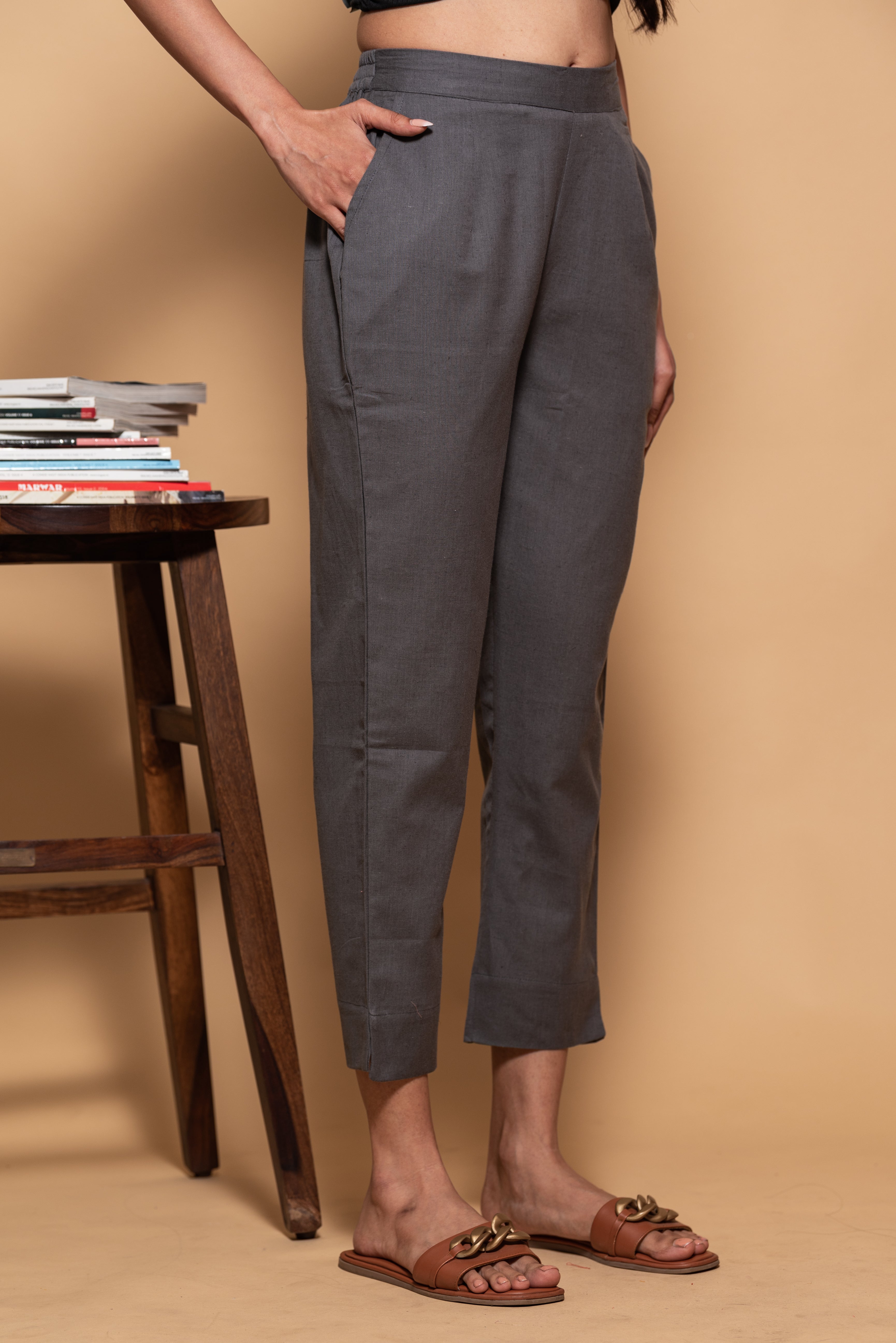 Dark Grey Cotton Straight Stretchable Pant