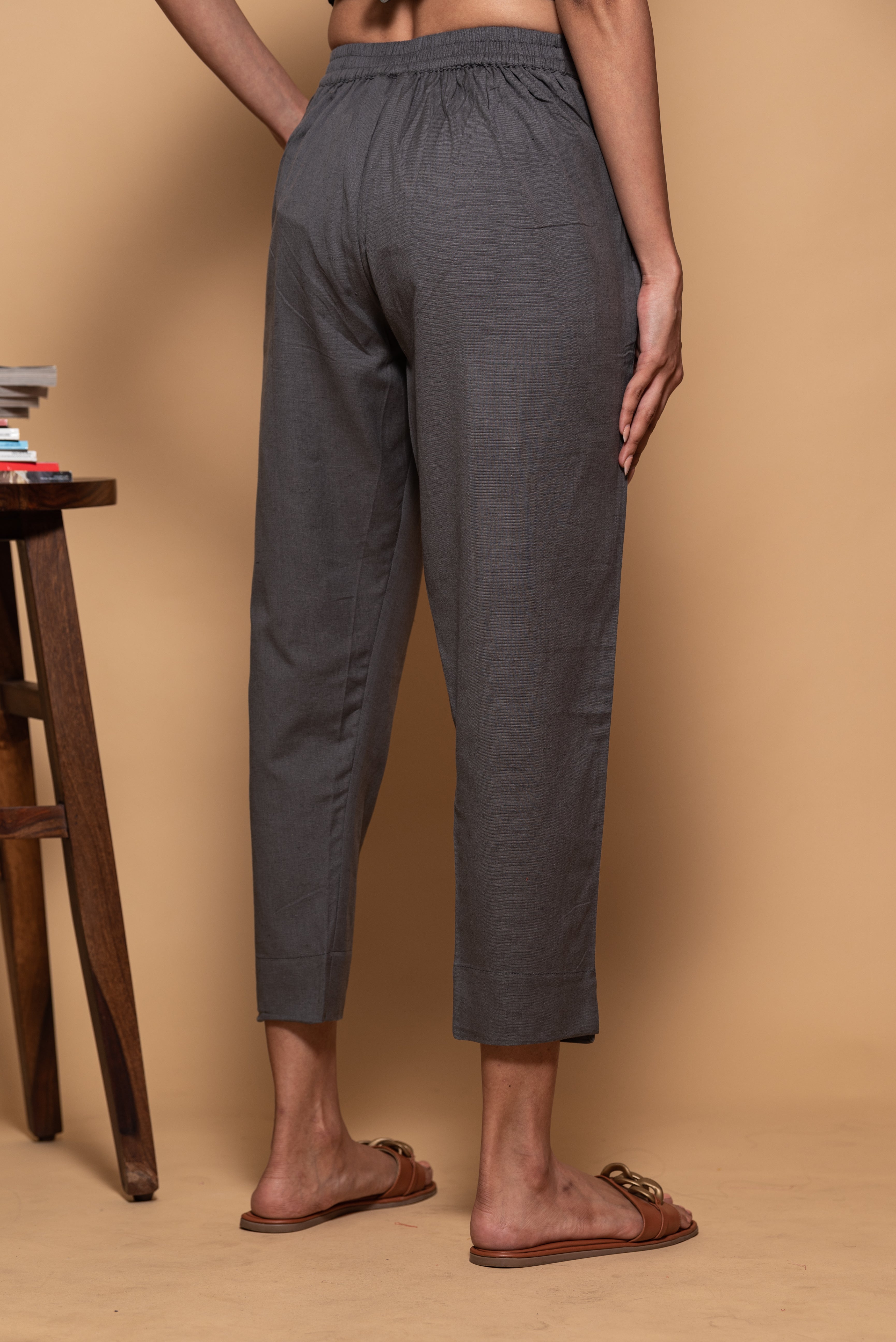 Dark Grey Cotton Straight Stretchable Pant