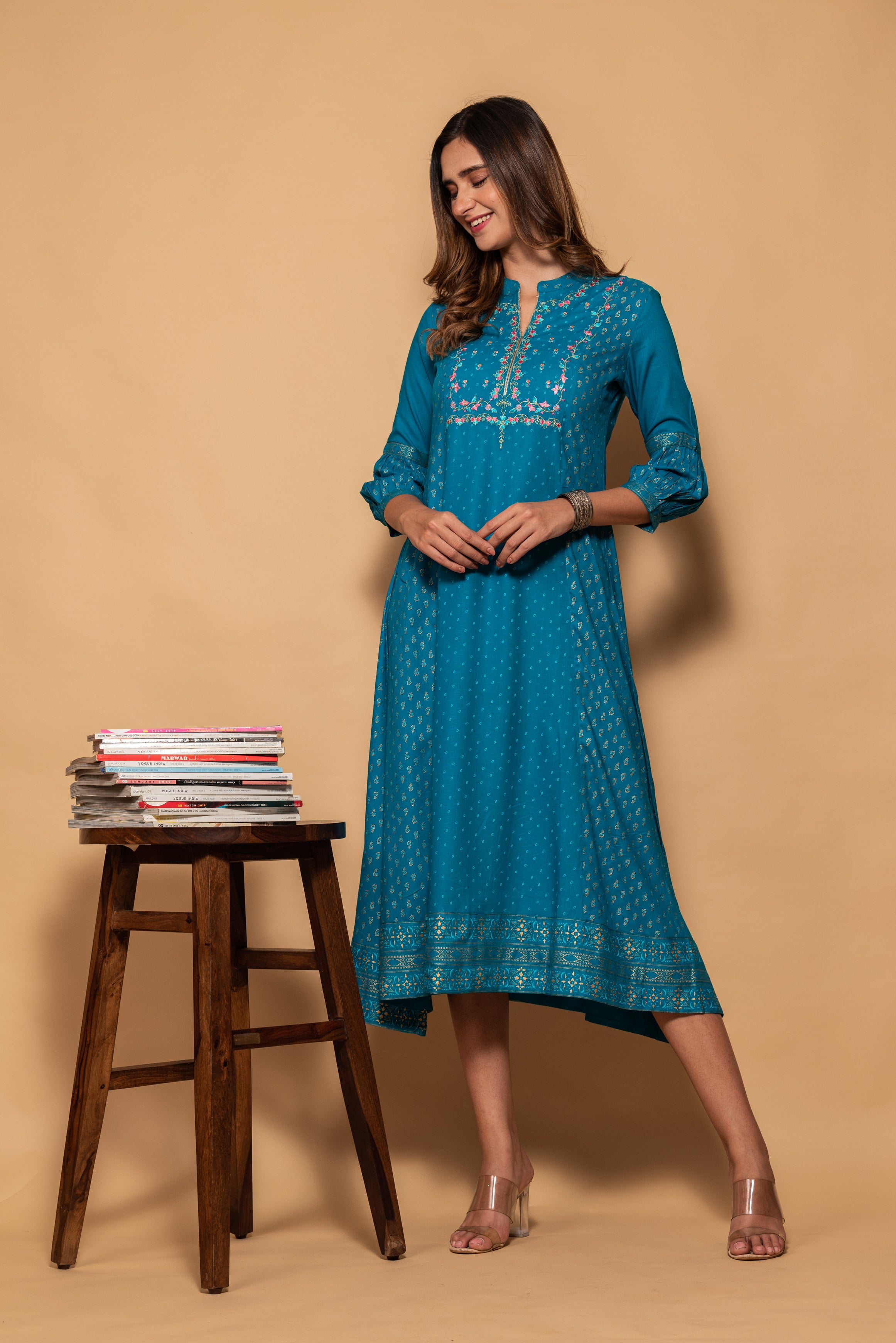 Turquoise Blue with Pink Floral Printed Modal Silk Long Dress