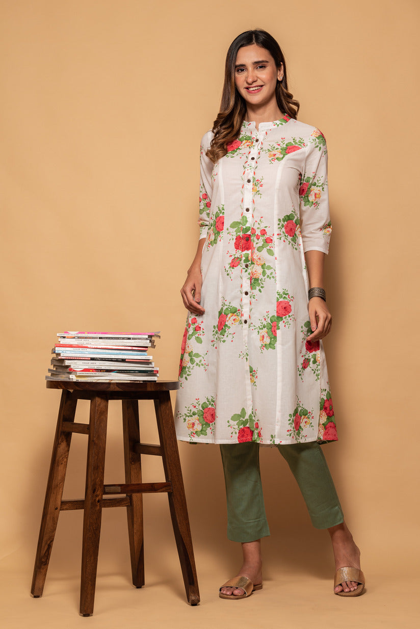 Daisy White with Red Floral Printed Cotton Kurta