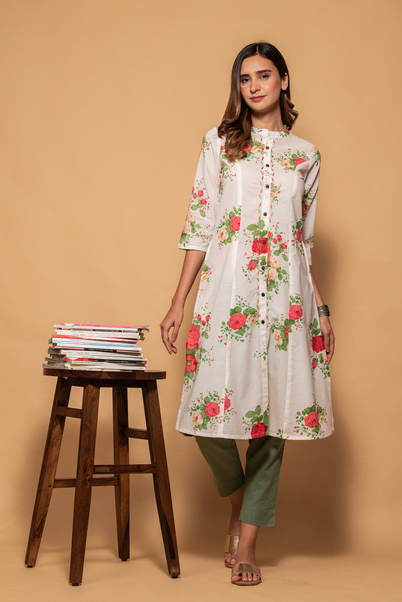 Daisy White with Red Floral Printed Cotton Kurta