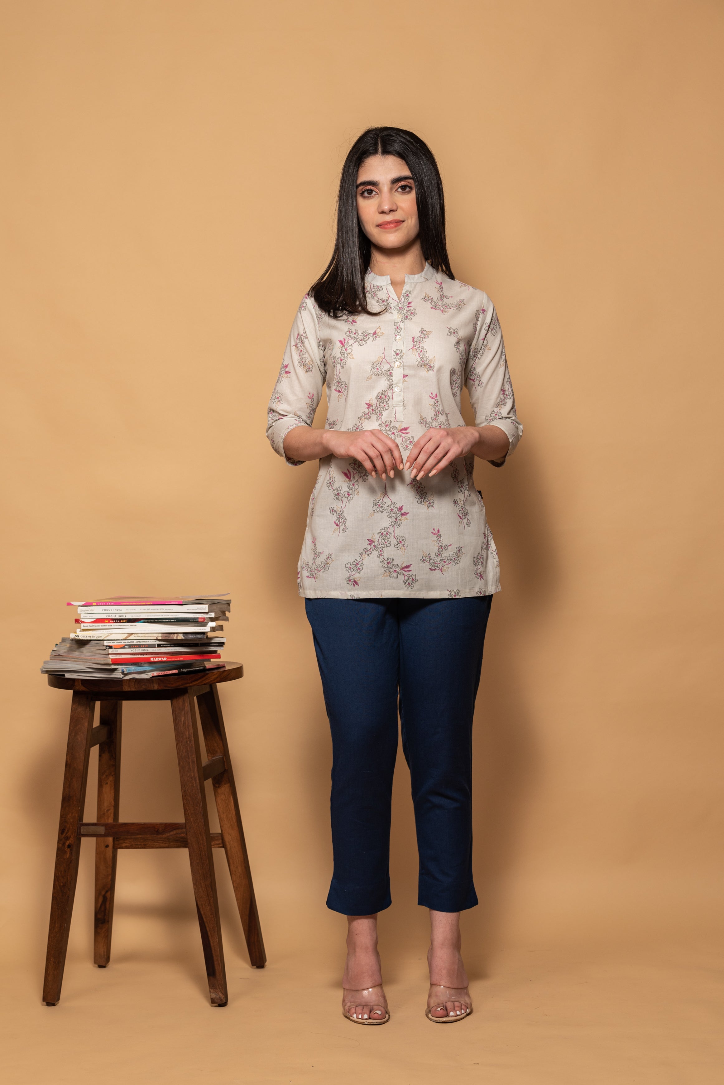Light Beige with Pink Floral Printed Short Cotton Kurti