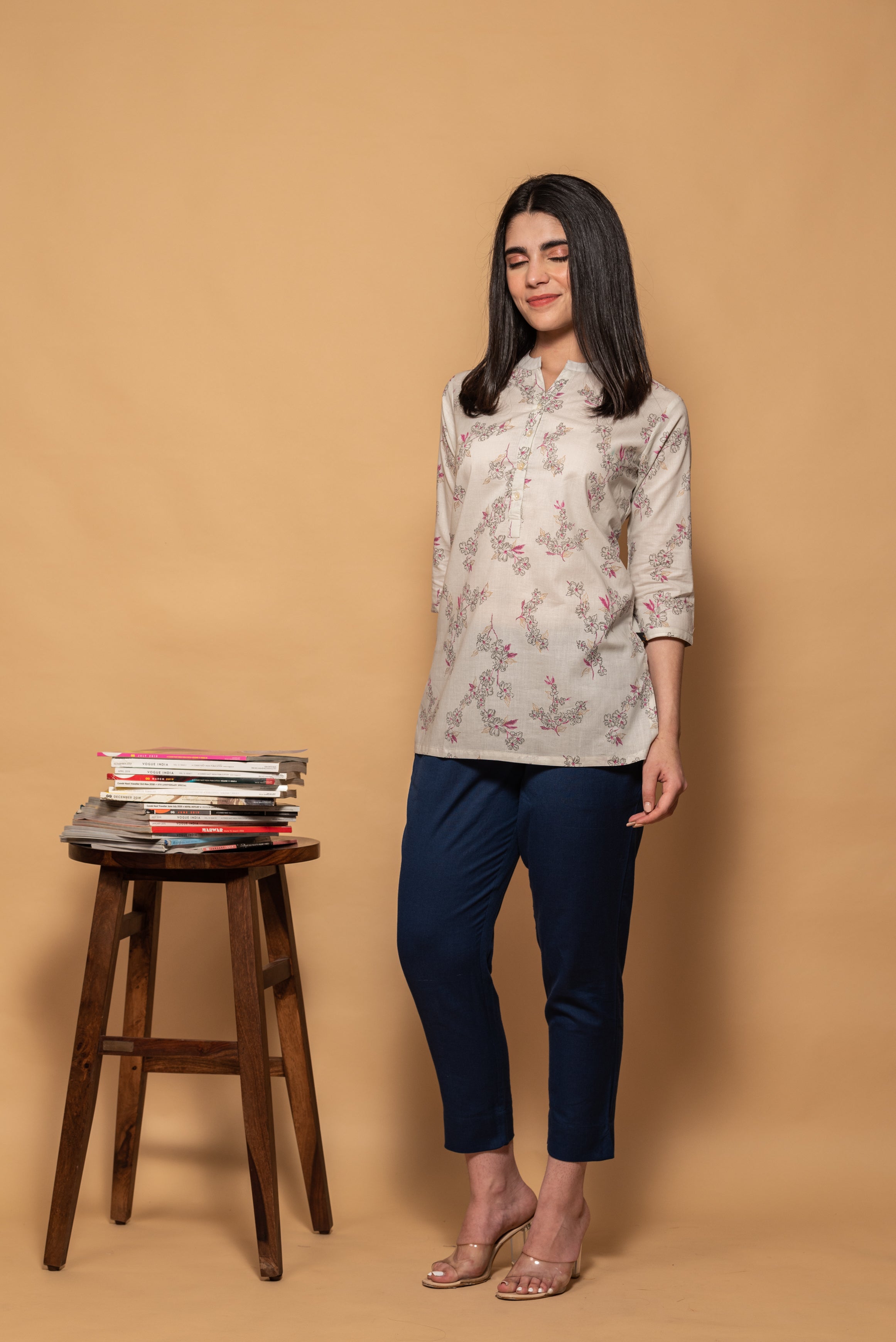 Light Beige with Pink Floral Printed Cotton Short Kurti