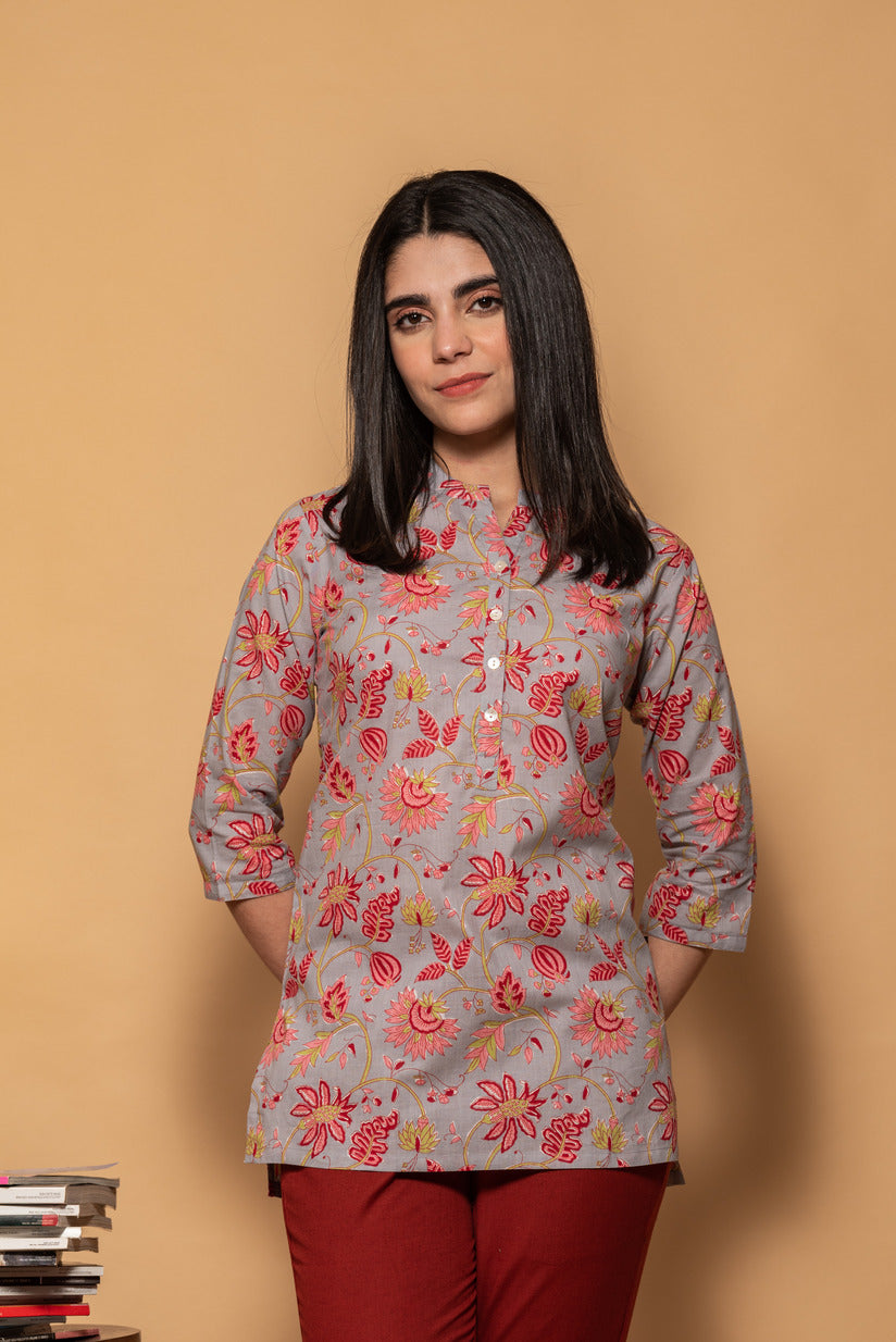 Dark Grey with Red Floral Short Cotton Kurti