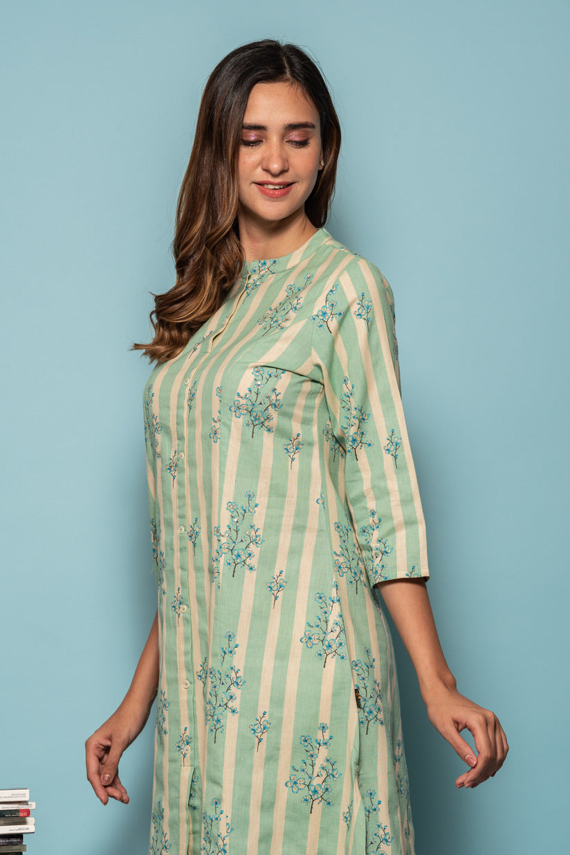 Light Green and White Striped Floral Printed Cotton Kurta