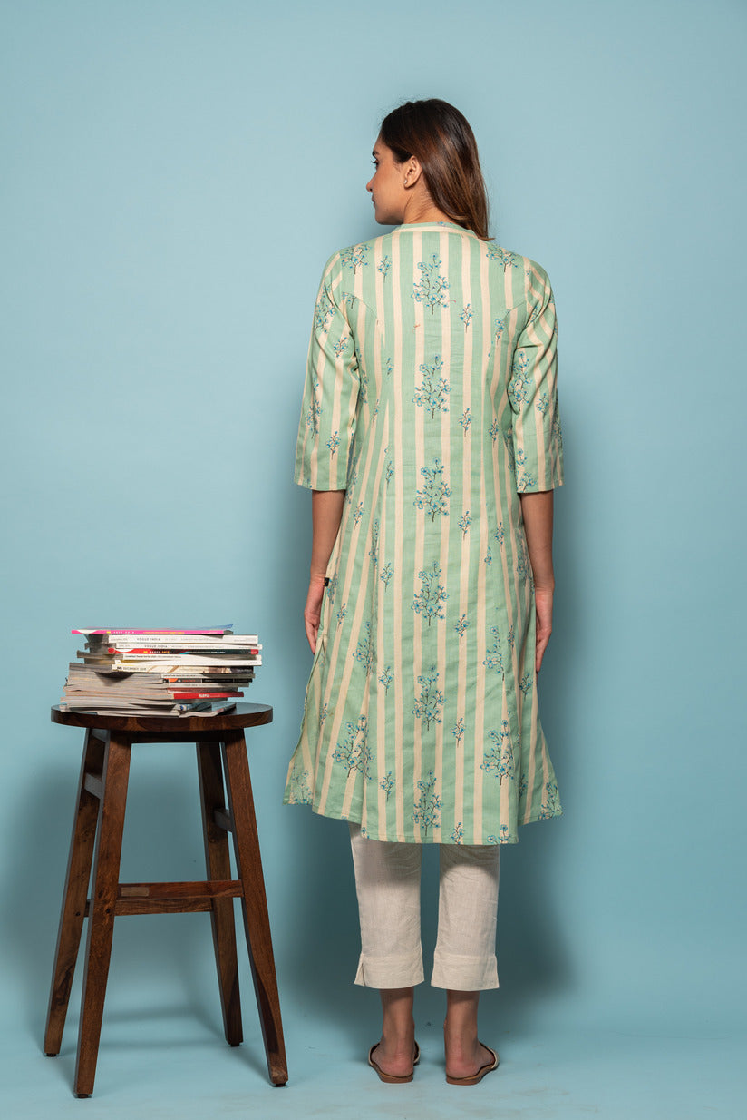 Light Green and White Striped Floral Printed Cotton Kurta
