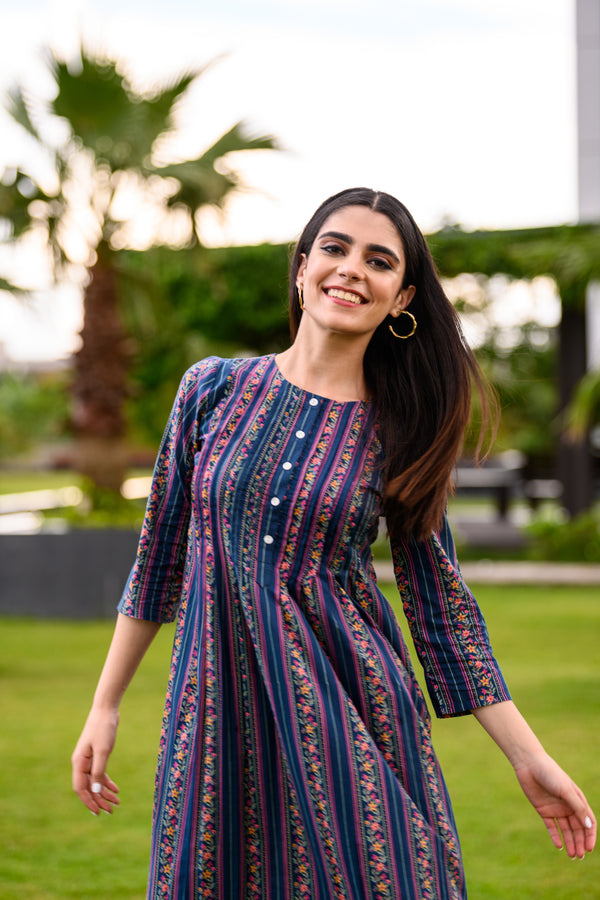 Blue Floral Printed Cotton Kurta Set