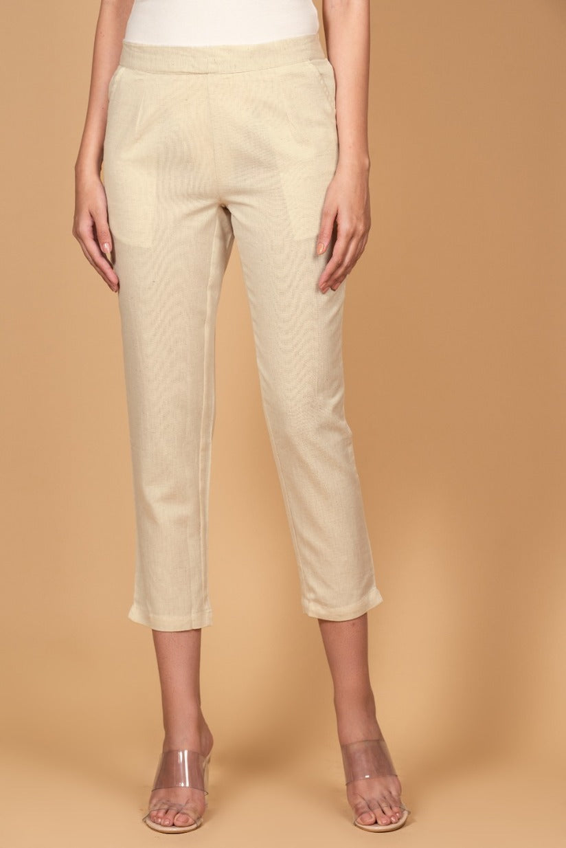 Khaki Cream Cotton Pants - Hangrr