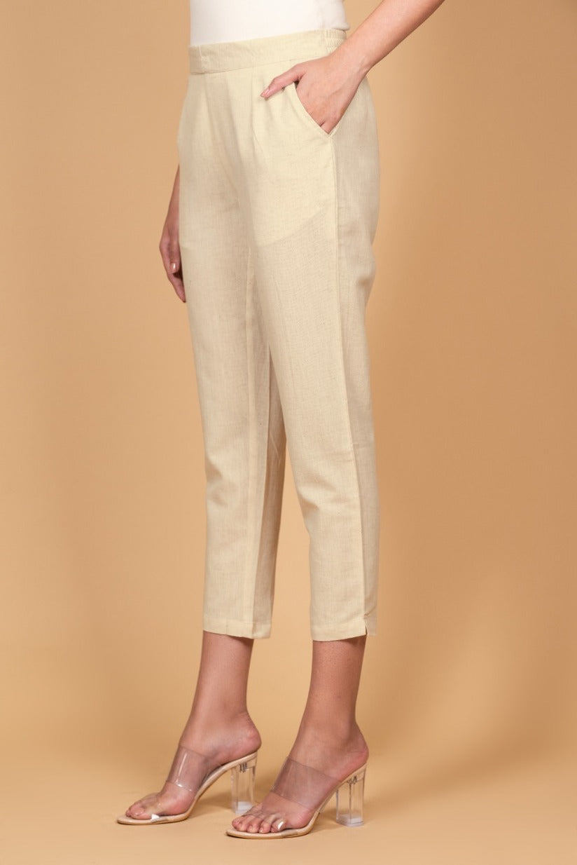 Cream Cotton Straight Stretchable Pant