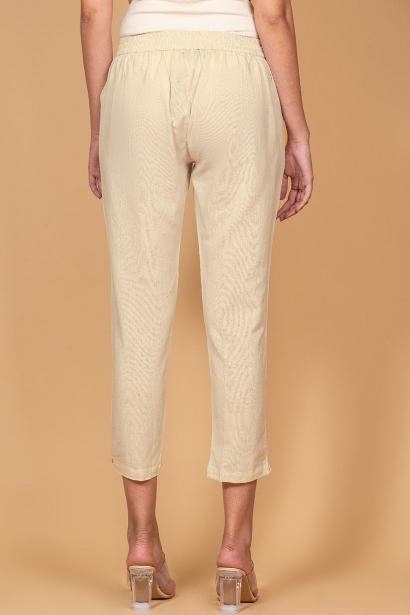 Cream Cotton Straight Stretchable Pant